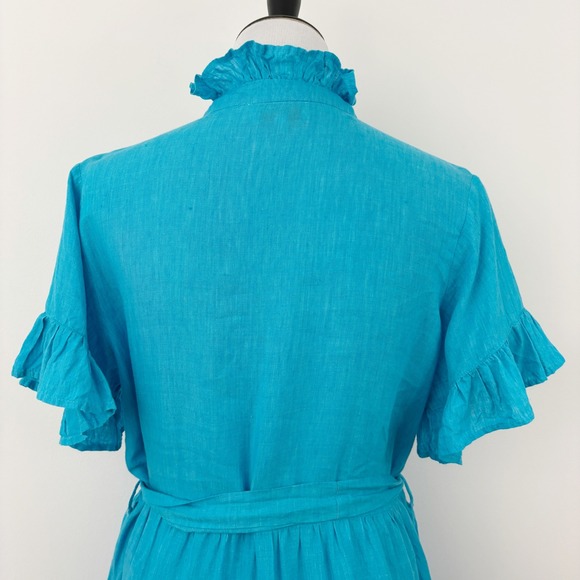 Mille Violetta Ruffle Tie Waist Mini Dress Size M Aqua Linen Tiered Short Sleeve - Picture 7 of 10